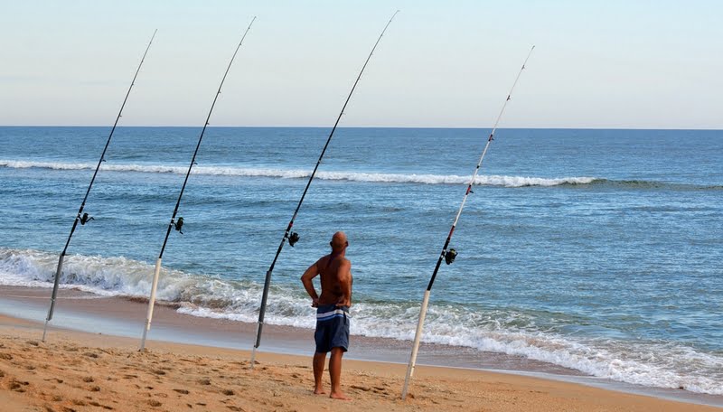 Man watching 4 rods on the beach